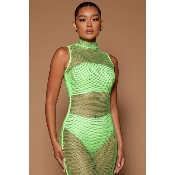 Fashion Nova Luxe Neon Green Lime Nadiya Embellished Fishnet Midi Dress Size XL - Picture 3 of 8